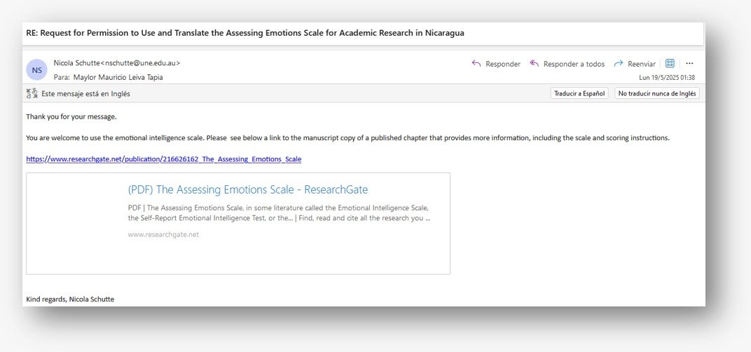 Correo de autorización para utilizar la Assessing Emotions Scale en la investigación académica.